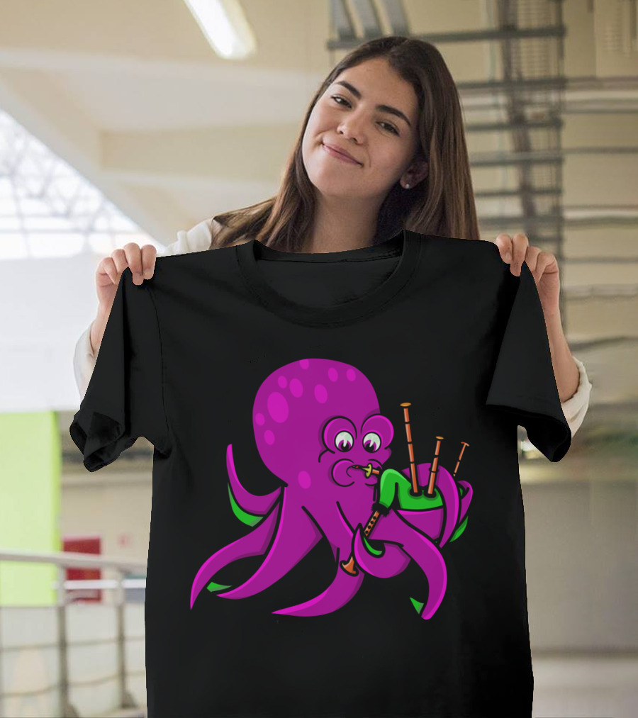 Octopus Playing The Bagpipes Fun Quirky Cartoon T-Shirt