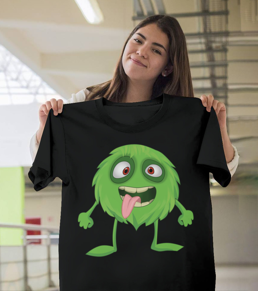 Cheerful Green Furry Little Monster with Big Eyes and Sticking Tongue Out T-Shirt