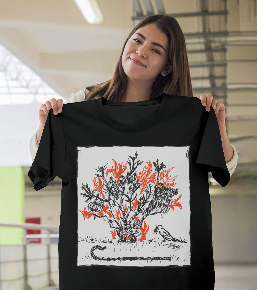 Burning Bush with Orange Flames and Bird Sketch T-Shirt