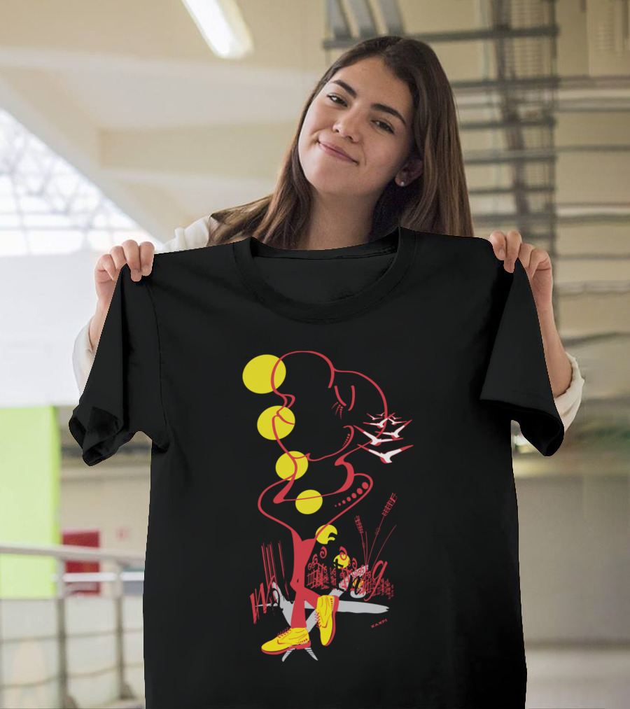 Walking Man Birds and Geometric Shapes T-Shirt