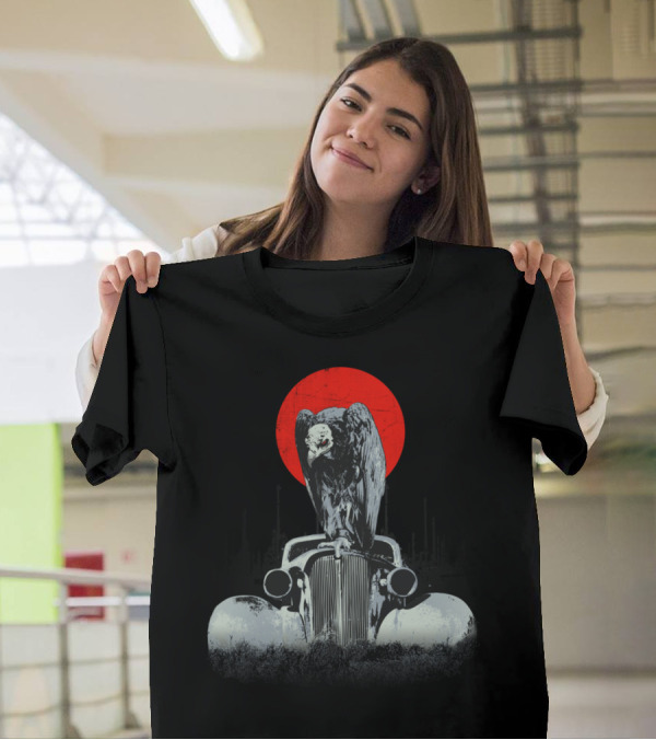 Vulture Perched On Vintage Car With Red Sun Omen T-Shirt
