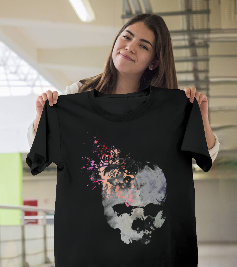 Butterflies in My Skull Abstract Skull Butterfly Paint Splatter T-Shirt