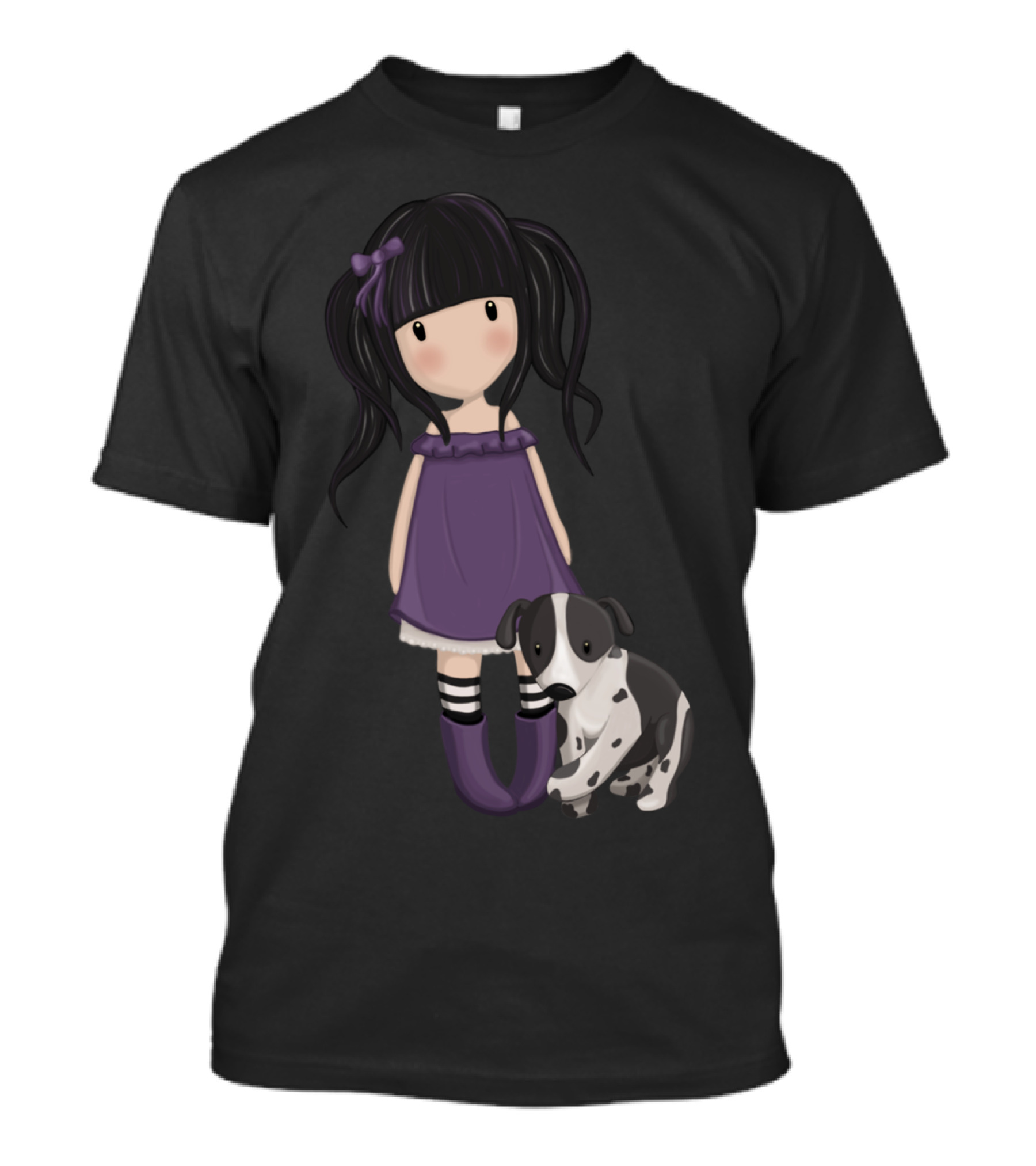 Dolly Girl And Spotted Dog In Purple Dress With Black Hair And Bow T-Shirt