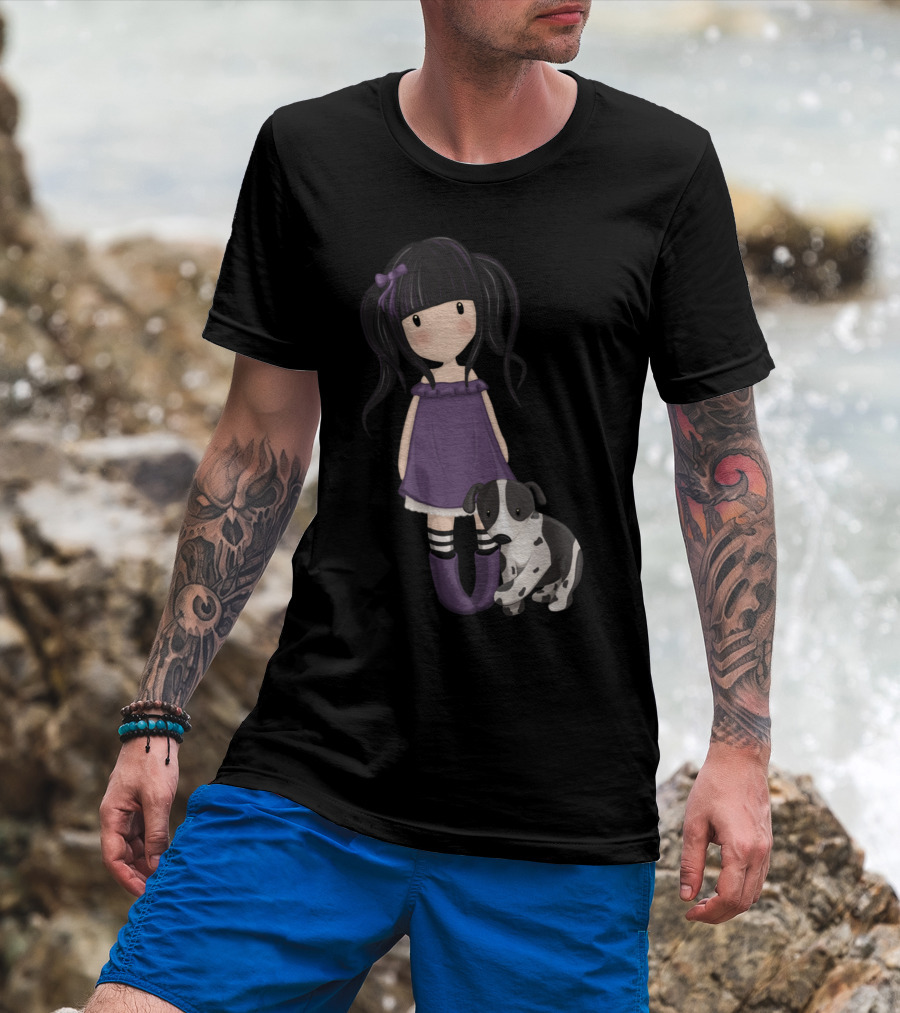 Dolly Girl And Spotted Dog In Purple Dress With Black Hair And Bow T-Shirt