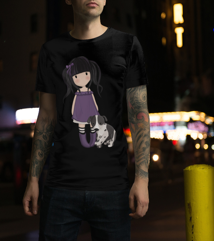 Dolly Girl And Spotted Dog In Purple Dress With Black Hair And Bow T-Shirt