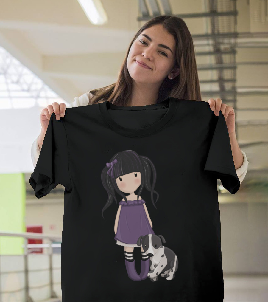 Dolly Girl And Spotted Dog In Purple Dress With Black Hair And Bow T-Shirt