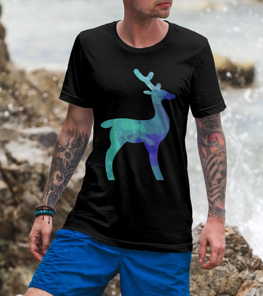 Watercolor Deer Silhouette In Blue And Green Tones T-Shirt