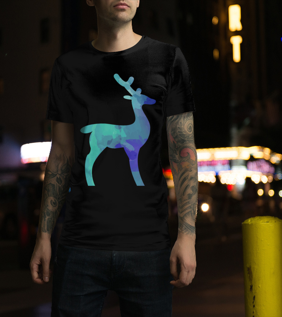 Watercolor Deer Silhouette In Blue And Green Tones T-Shirt