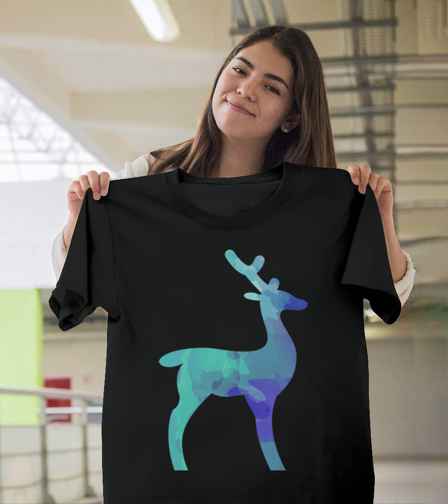 Watercolor Deer Silhouette In Blue And Green Tones T-Shirt