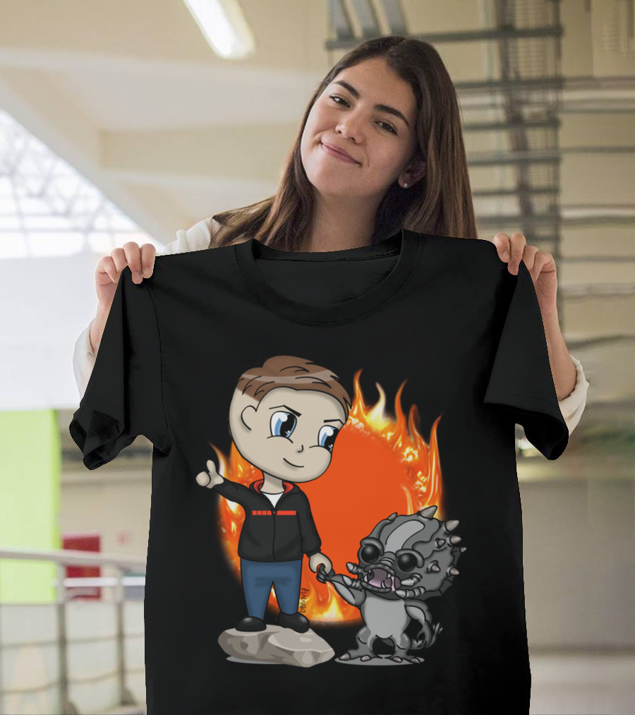 Goliath Love Print Chibi Character with Monster and Fiery Background T-Shirt