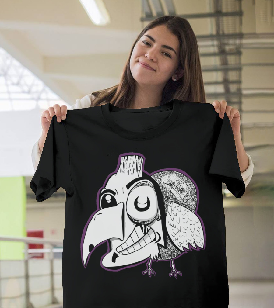 Creepy Cartoonish Bird with Grinning Beak and Punk Mohawk T-Shirt
