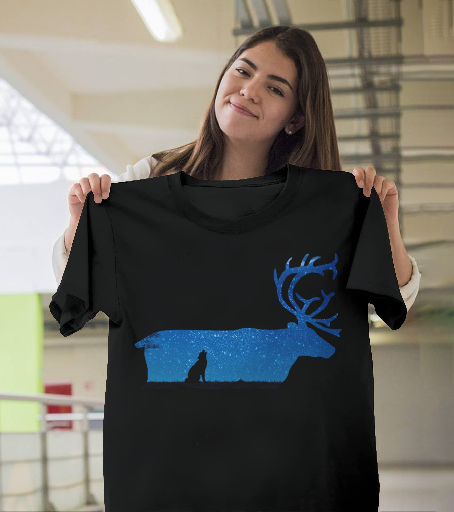 Howling Wolf Silhouette Within Starry Night Elk Background T-Shirt
