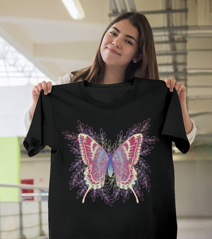 Beautiful Vibrant Butterfly with Intricate Leaf Accents T-Shirt