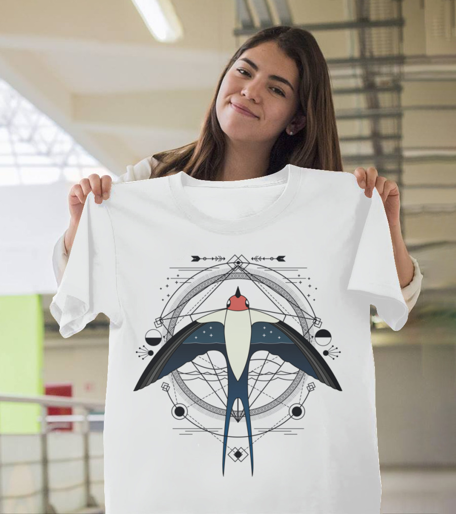 Colored Geometric Swallow Boho Style Night Sky Motif T-Shirt
