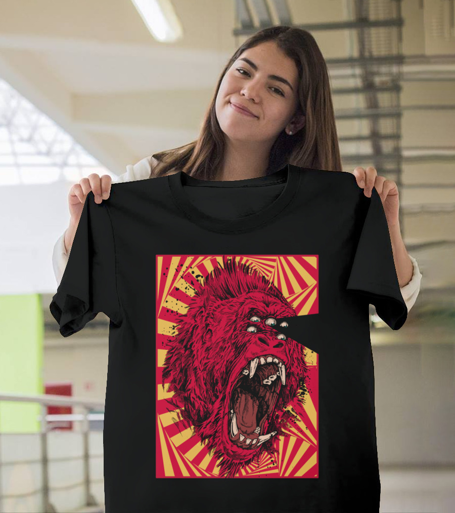 Open Your Eyes Red Three-Eyed Gorilla with Yellow Red Sunburst Background T-Shirt