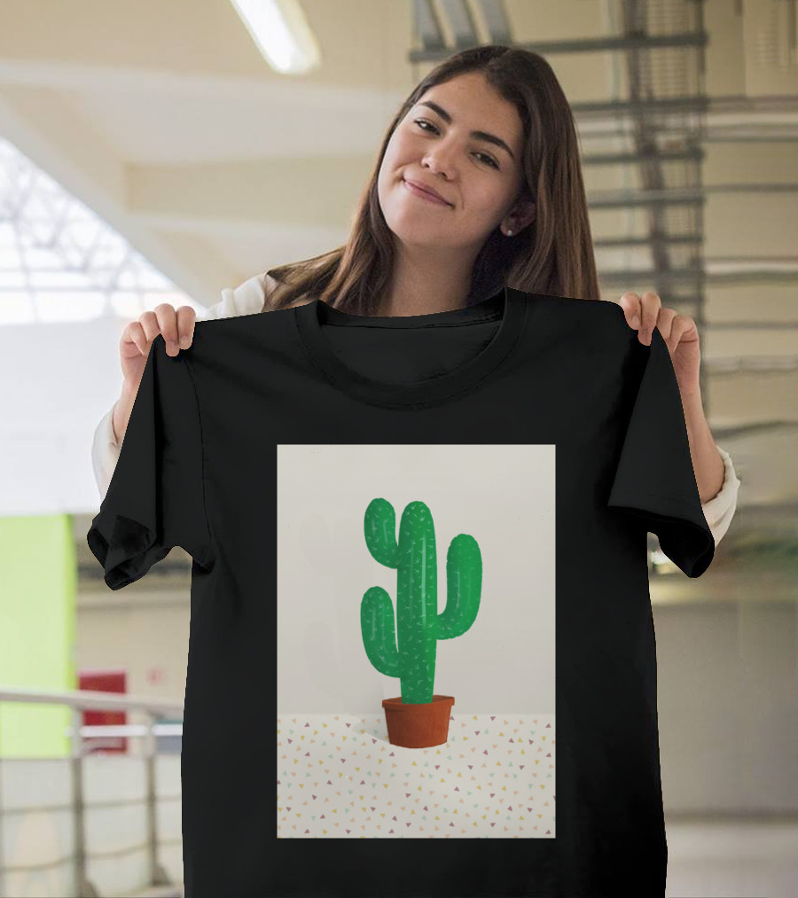 Cactus Potted Plant with Triangular Pattern Background T-Shirt