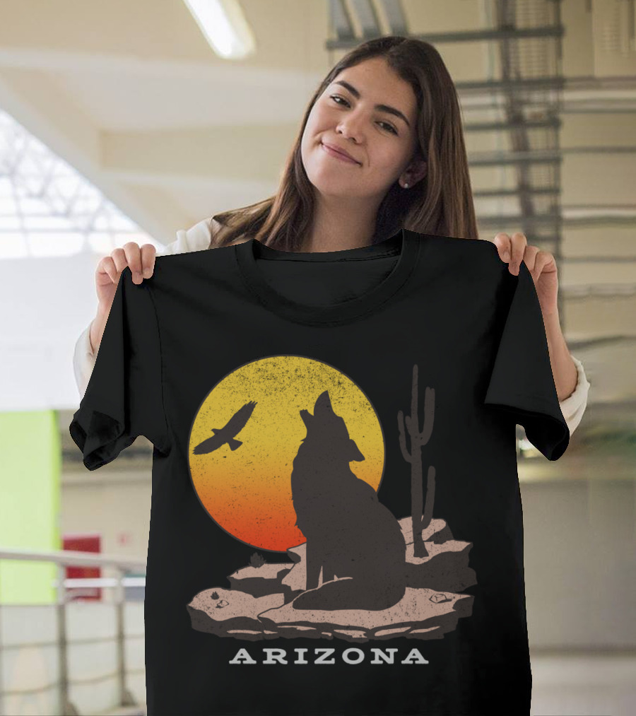 Arizona Sunset Coyote and Desert Cactus Scene T-Shirt
