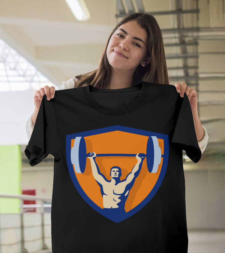 Weightlifter Lifting Barbell on Orange Shield Crest T-Shirt