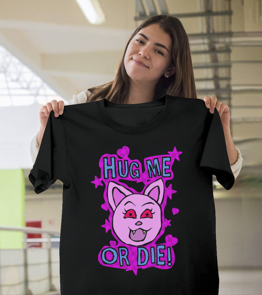 Hug Me Or Die Pink Vampire Cat Face with Stars and Hearts T-Shirt