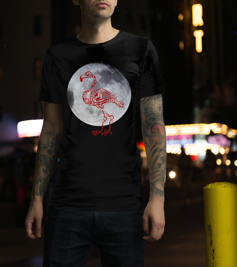 Moonlit Ornate Flamingo In Front Of The Moon T-Shirt