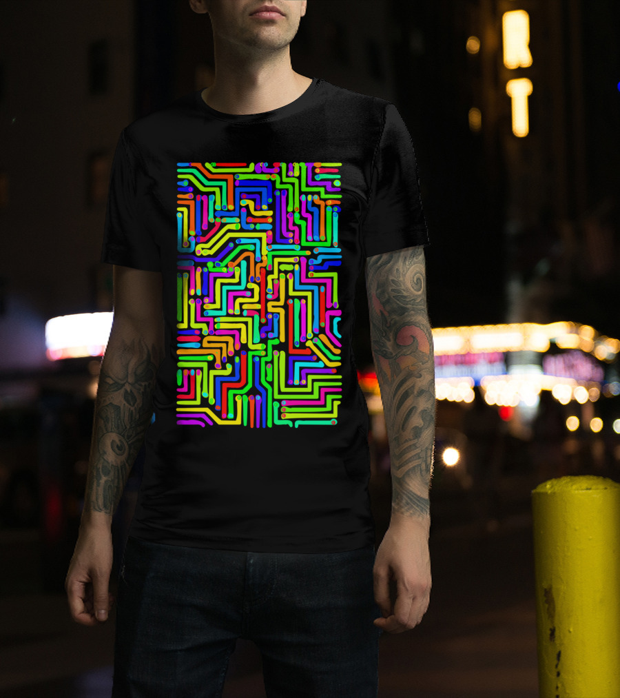 Colorful Circuit Board Neon Maze Geometry T-Shirt