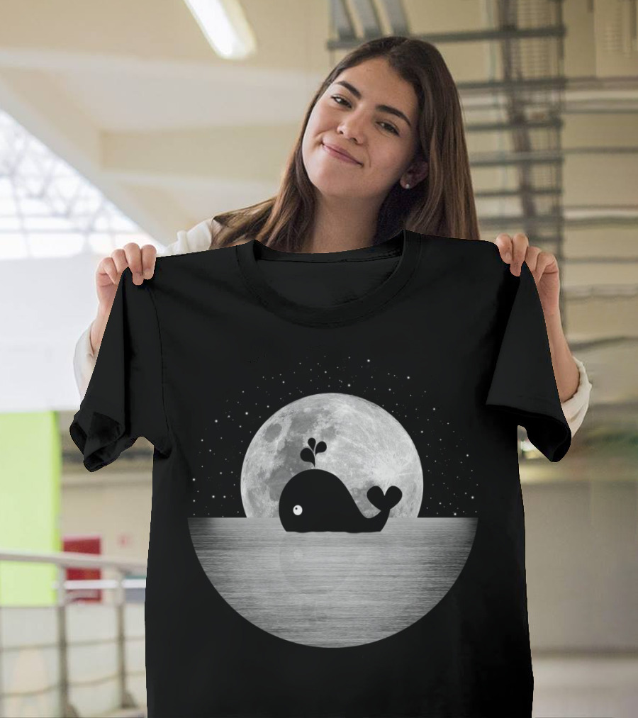 Whale Night Swim Black And White Full Moon Ocean Scene T-Shirt