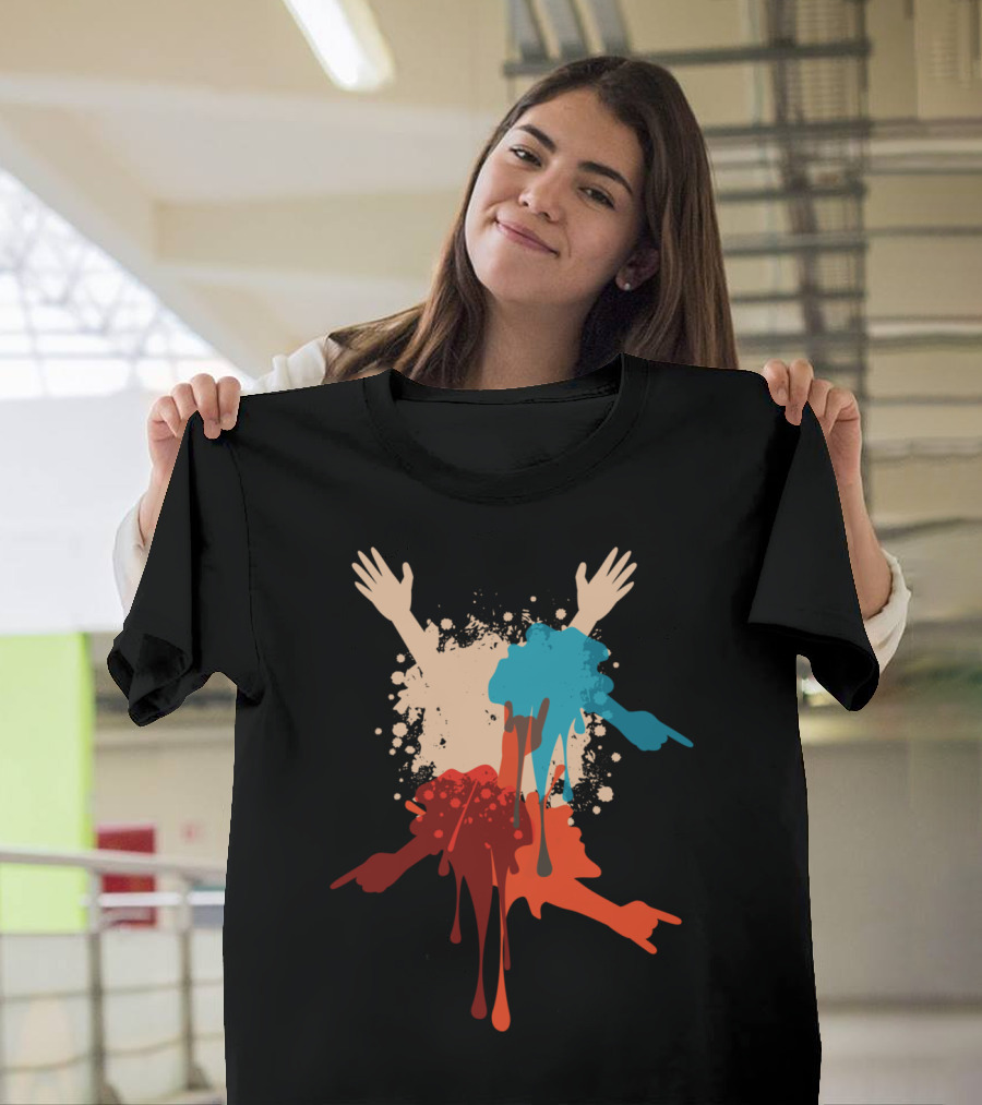 Colorful Splatter Hands and Gestures in Red and Blue T-Shirt