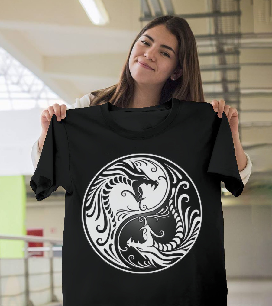 Yin Yang Symbol with White and Black Dragons T-Shirt