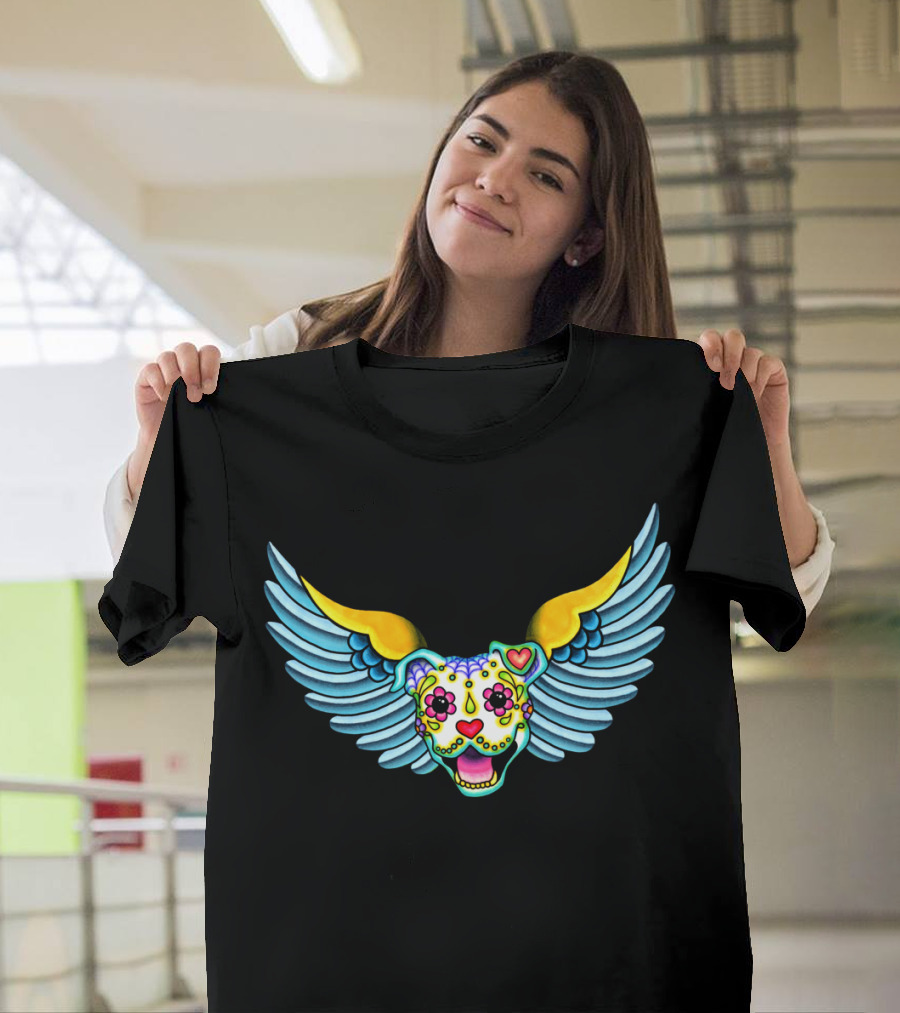 Colorful Sugar Skull Pit Bull With Angel Wings T-Shirt