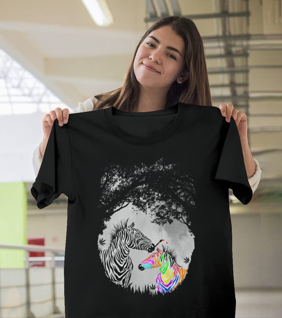 Colorful Zebra Under Tree with Black and White Zebra T-Shirt