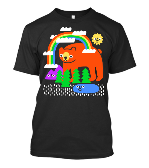 Funky Forest Bear With Rainbow And Happy Sun In Colorful Woodland Scene T-Shirt
