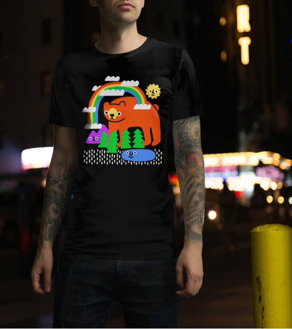 Funky Forest Bear With Rainbow And Happy Sun In Colorful Woodland Scene T-Shirt