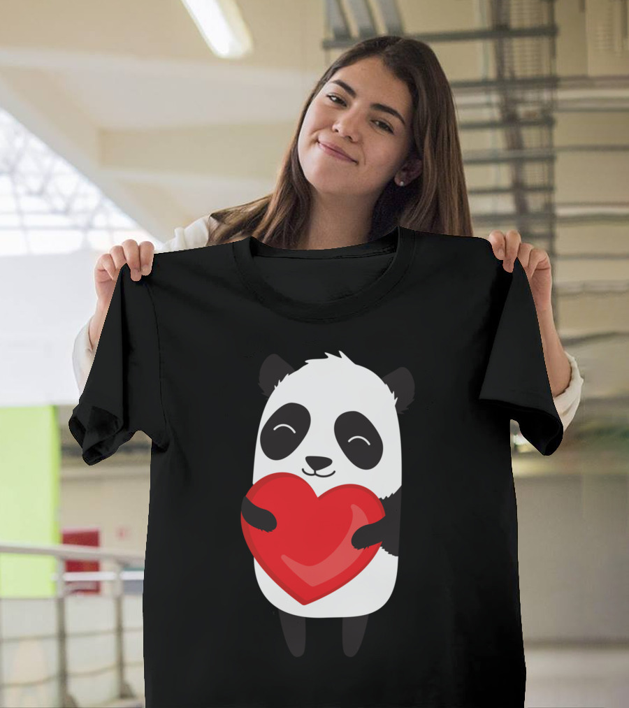 Panda Hugging Red Heart with Happy Expression T-Shirt