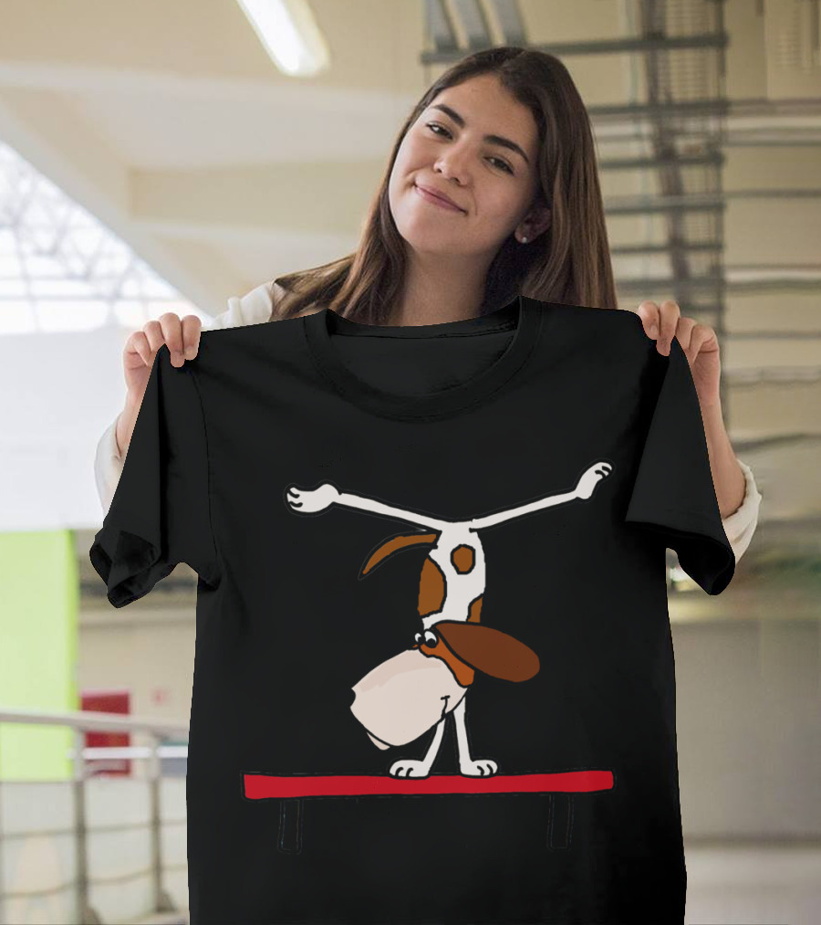Funny Basset Hound Dog Doing Handstand on Balance Beam at Gym T-Shirt