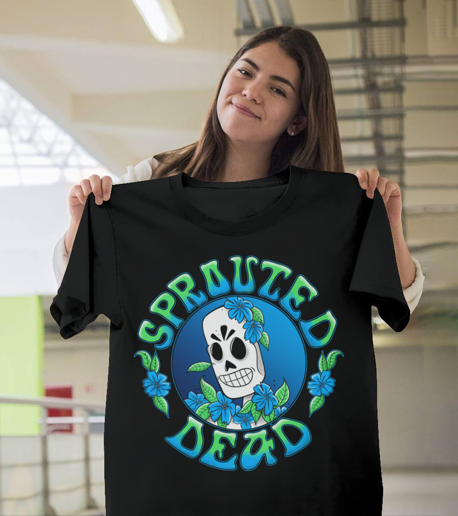 Sprouted Dead Skull with Blue Flowers and Leaves T-Shirt