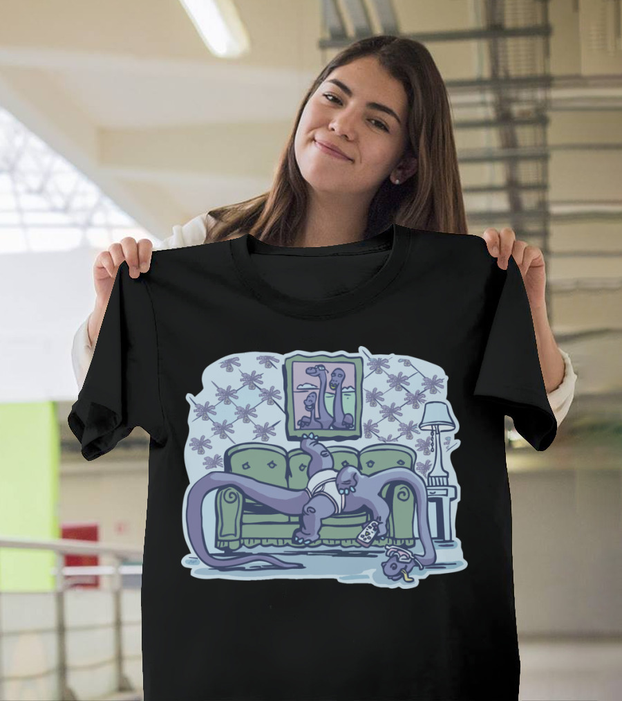 Papa Sore Ass Dinosaur Dad Relaxing on Couch with Baby Dinosaur and Picture Frame in Cozy Living Room T-Shirt