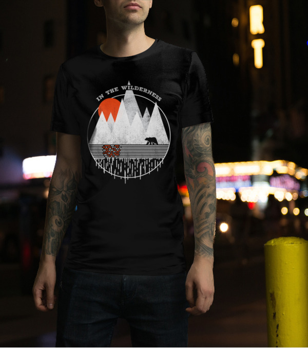 In The Wilderness Bear And Mountain Landscape With Red Sun T-Shirt
