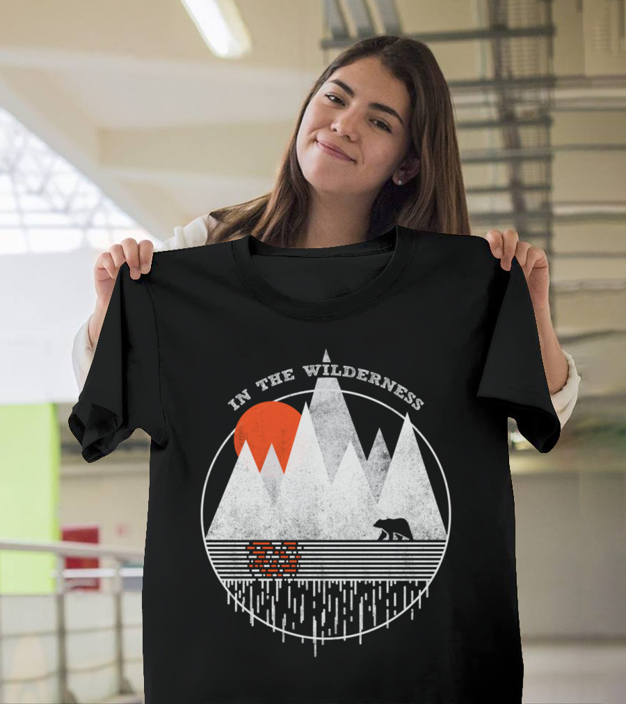 In The Wilderness Bear and Mountain Landscape with Red Sun T-Shirt