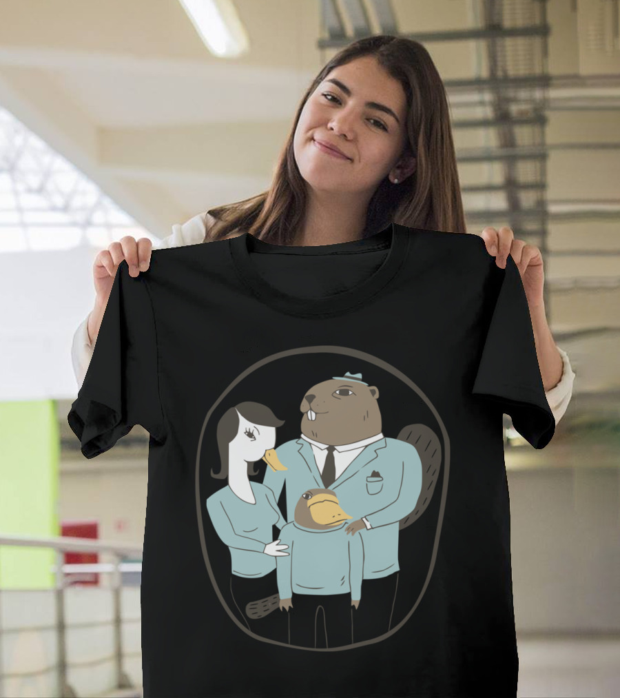 Beaver and Duckbill Platypus Family in Blue Outfits T-Shirt
