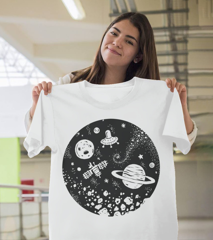 Galaxy Elements UFO Saturn Asteroid Field Starry Night Sky T-Shirt