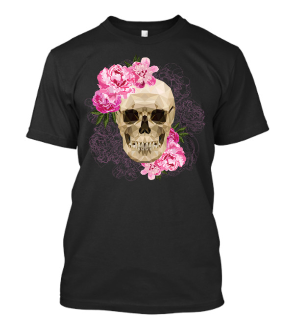Fancy Skull Peony Blossoms Geometric Skull Floral T-Shirt