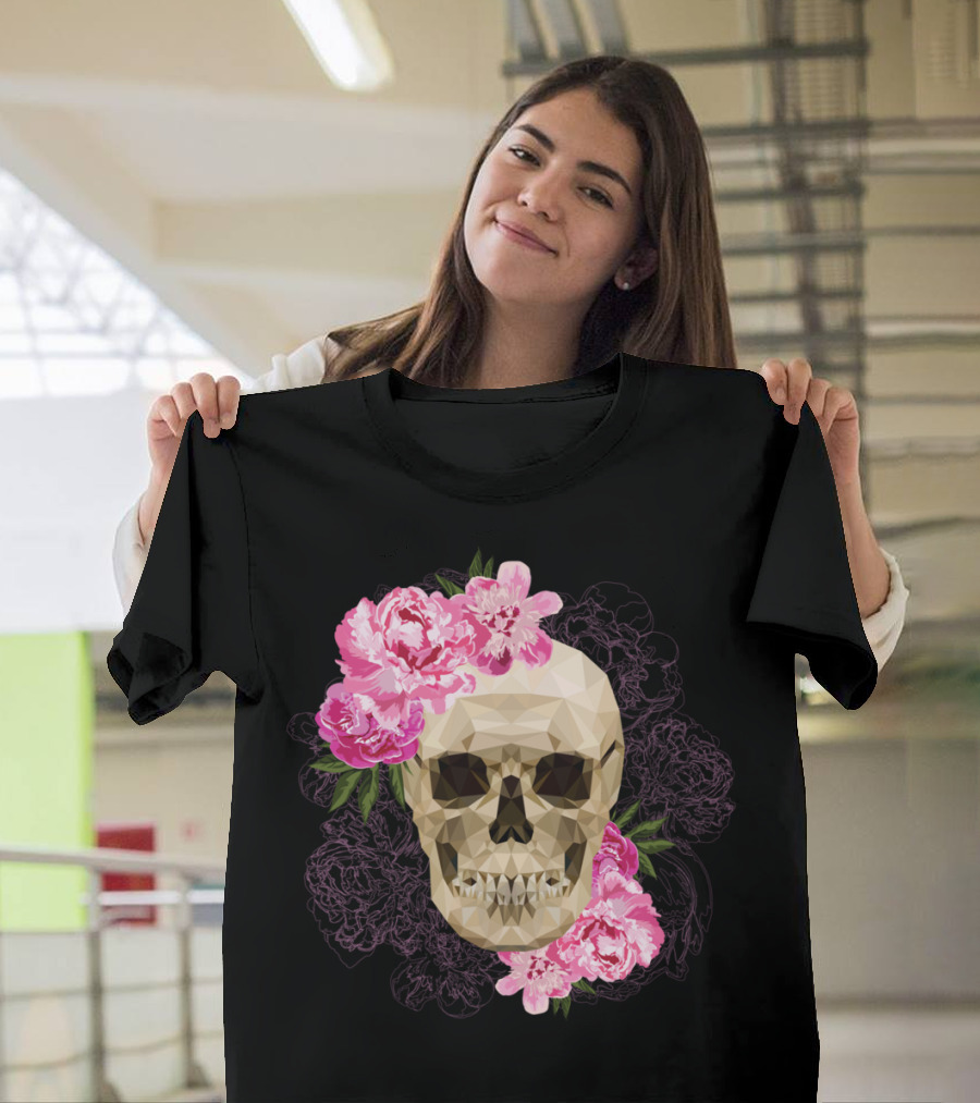 Fancy Skull Peony Blossoms Geometric Skull Floral T-Shirt