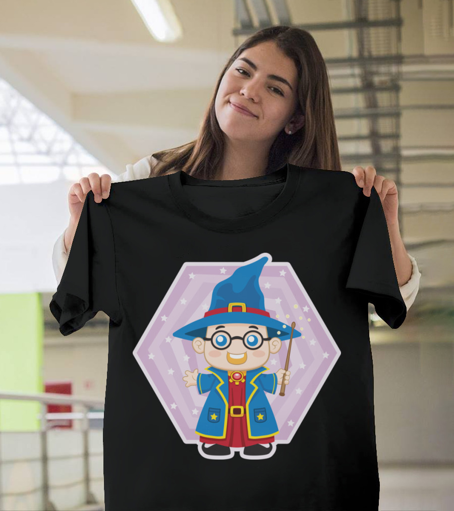 Wizard with Blue Hat and Wand in Starry Hexagon Background T-Shirt