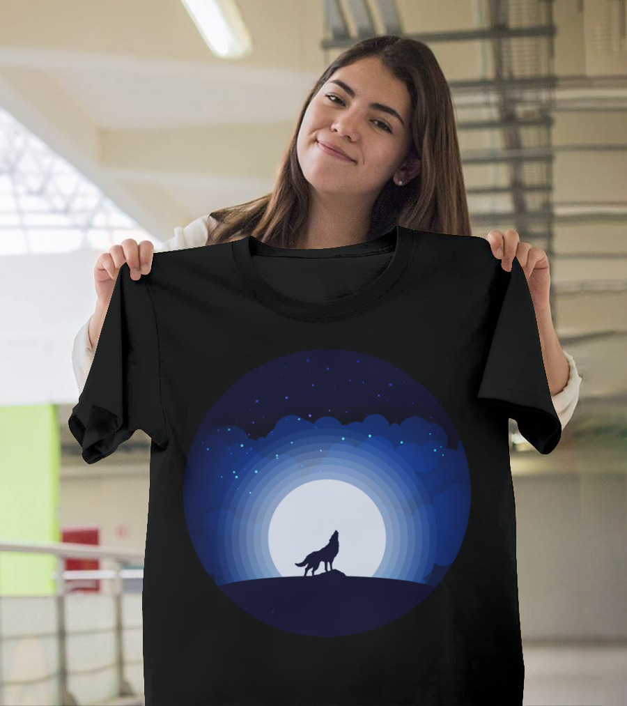 Wolf Howling at Night Sky Full Moon T-Shirt