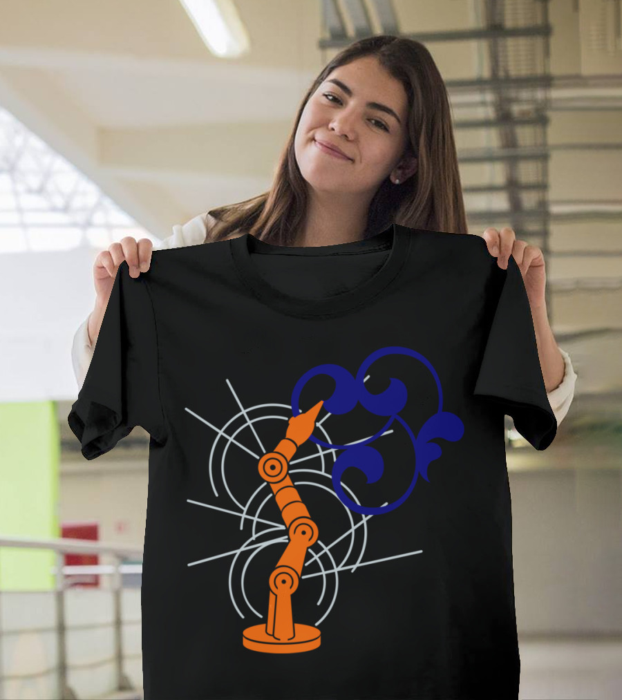 Industrial Robot VDS2 Digital Mechanical Arm with Swirling Blue Design and Concentric Circles T-Shirt