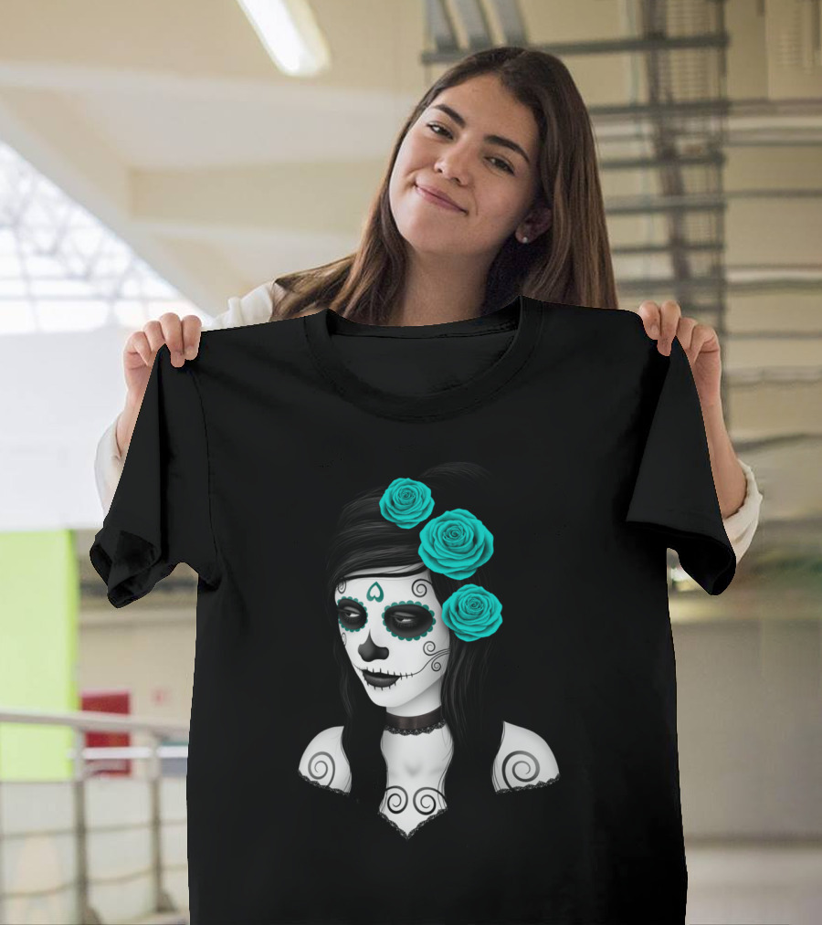 Day of the Dead Calavera Girl with Aqua Blue Roses T-Shirt