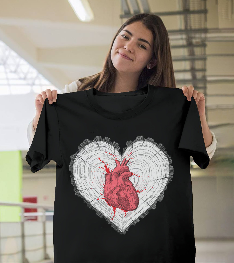 Wooden Heart Anatomical Design Inside Tree Rings T-Shirt