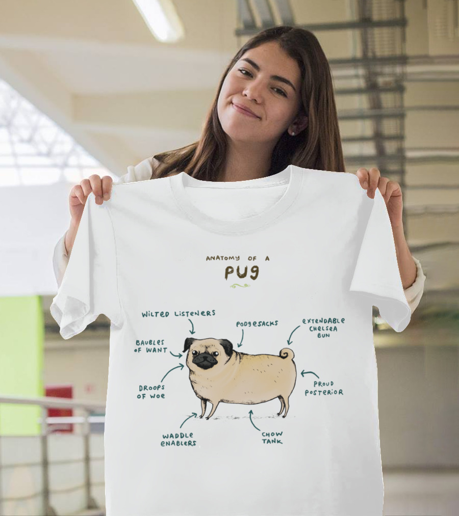 Anatomy Of A Pug Wilted Listeners PoogleSacks Extendable Cheek Gun Baubles Of Want Proud Posterior Waddle Enablers Chow Tank Droops Of Woe T-Shirt