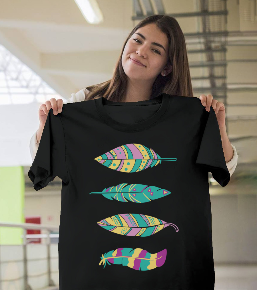 Colorful Patterned Feathers with Geometric T-Shirt