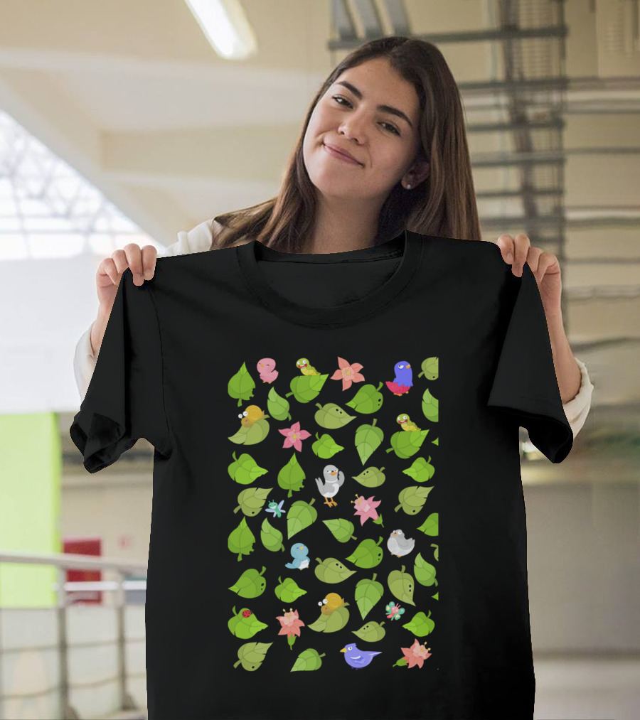 Birds Leaves Flowers Pattern Cute Whimsical T-Shirt